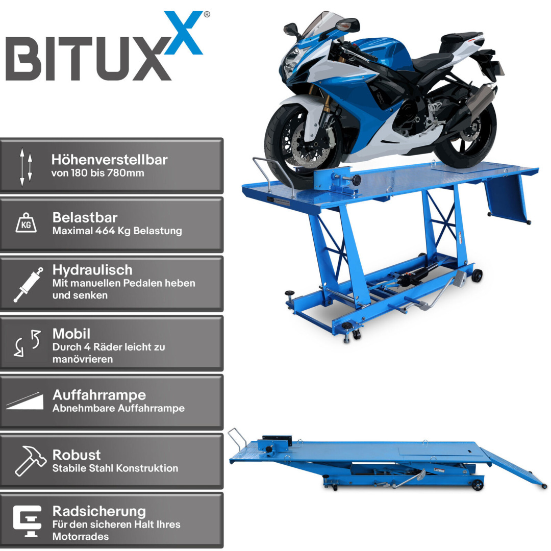 Nůžkový zvedák na motorku Hydraulický s nožní pumpou 464 kg Bitux MS19471